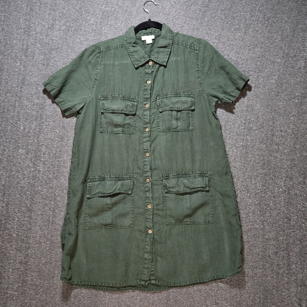 Sundance Linen Shirt Dress Women Petite M Harper 4-Pocket Shift Moss Green